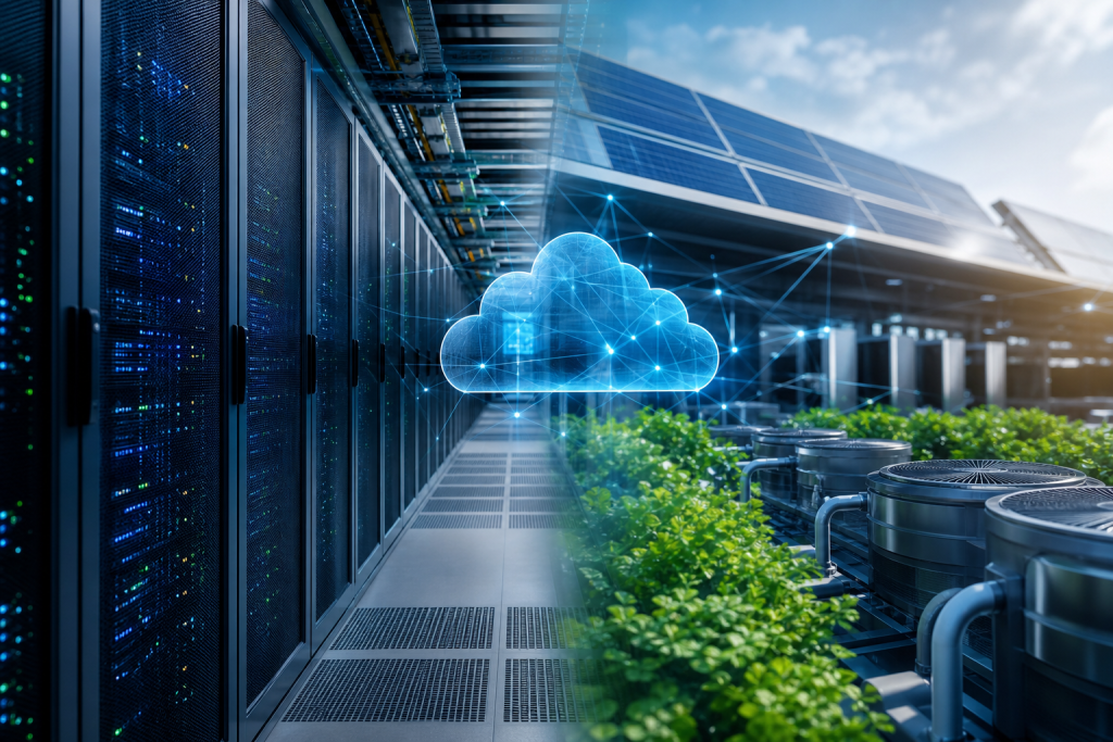 Ilustração editorial de um data center moderno integrado a elementos de energia renovável e infraestrutura digital