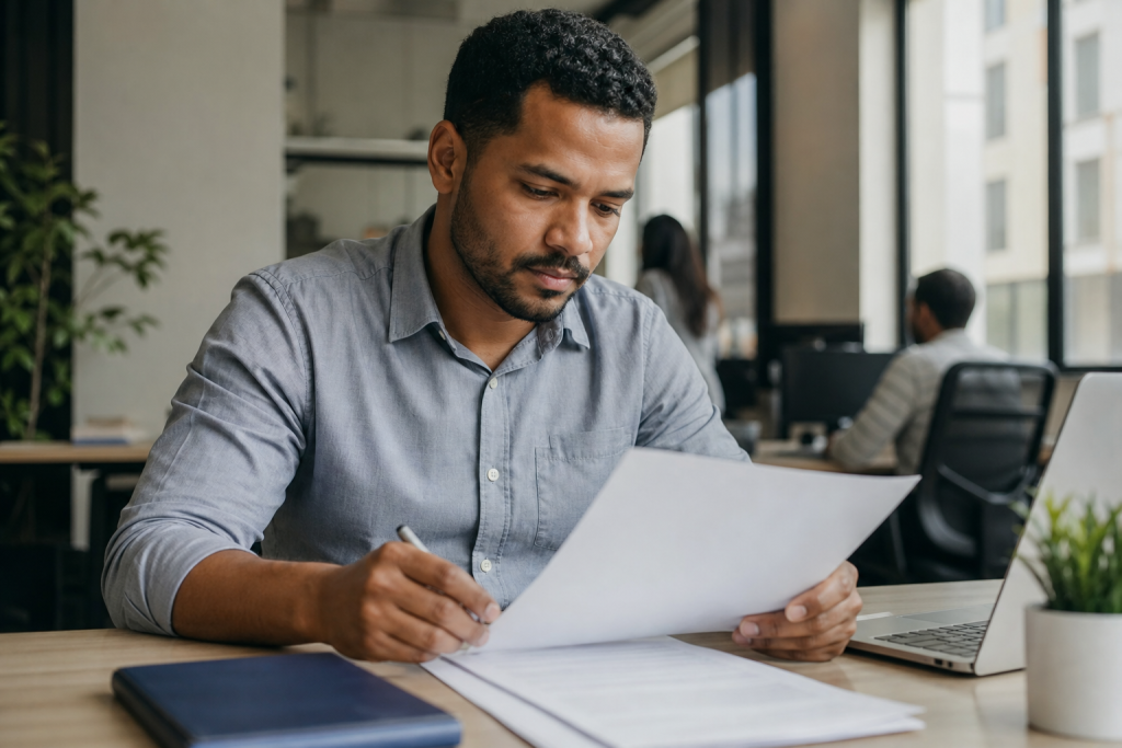 Desemprego cai para 5,3% e Brasil registra recorde de trabalhadores ocupados em agosto Trabalhador analisando documentos relacionados ao emprego em ambiente profissional